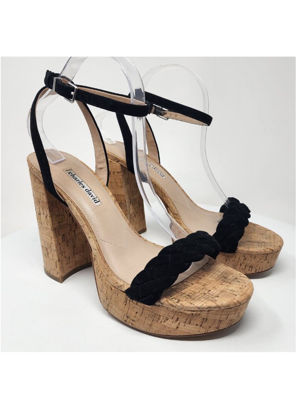 Charles David Jocky Heeled Sandals Women 10M Black Suede Braided w/ Ankle Strap